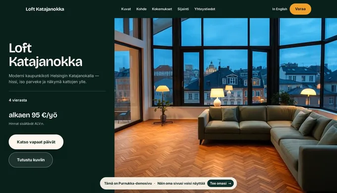 Loft Katajanokan sivu: kaupunkiasunnon olohuone suurine ikkunoineen.