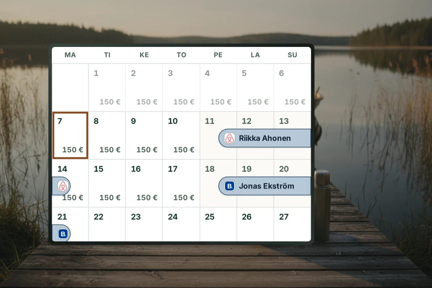 Hubin kalenteri laiturilla: Airbnb- ja Booking.com-varaukset sekä vuorokausihinnat.