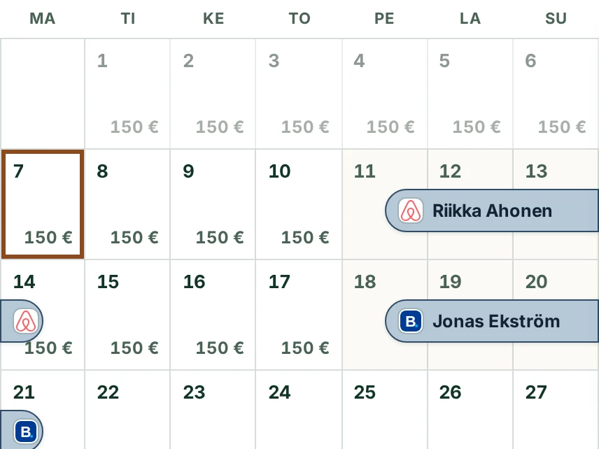 Hubin kuukausikalenteri: Airbnb- ja Booking.com-varaukset, suora varaus ja vuorokausihinnat.