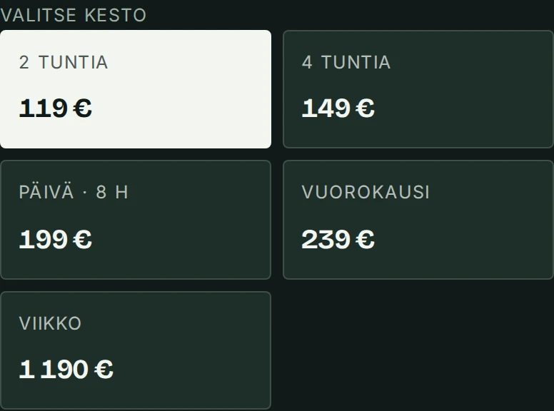 Kaluston varaussivu: kestot 2 tunnista viikkoon hintoineen.